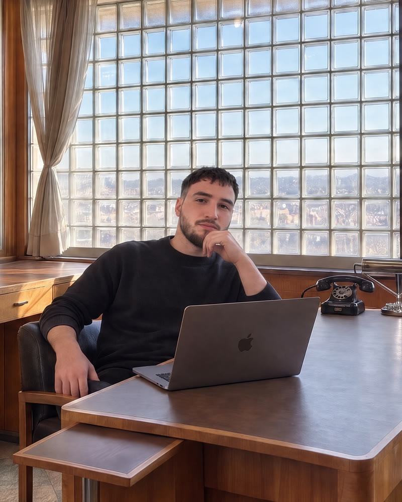 Tadeáš Vodák u pracovního stolu s notebookem
